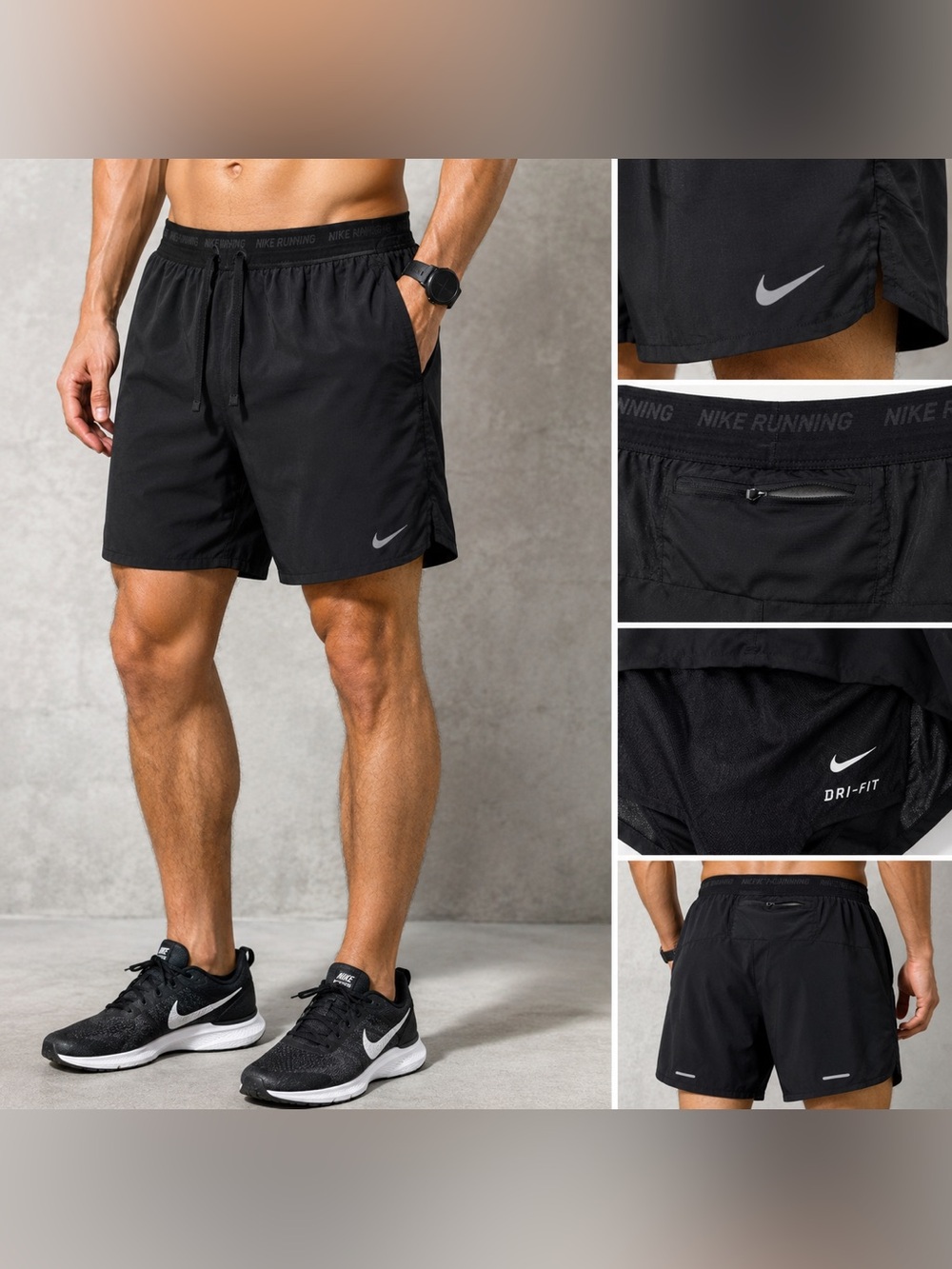 Nike Men's Black Athletic Running Shorts with Reflective Swoosh M cell pocket